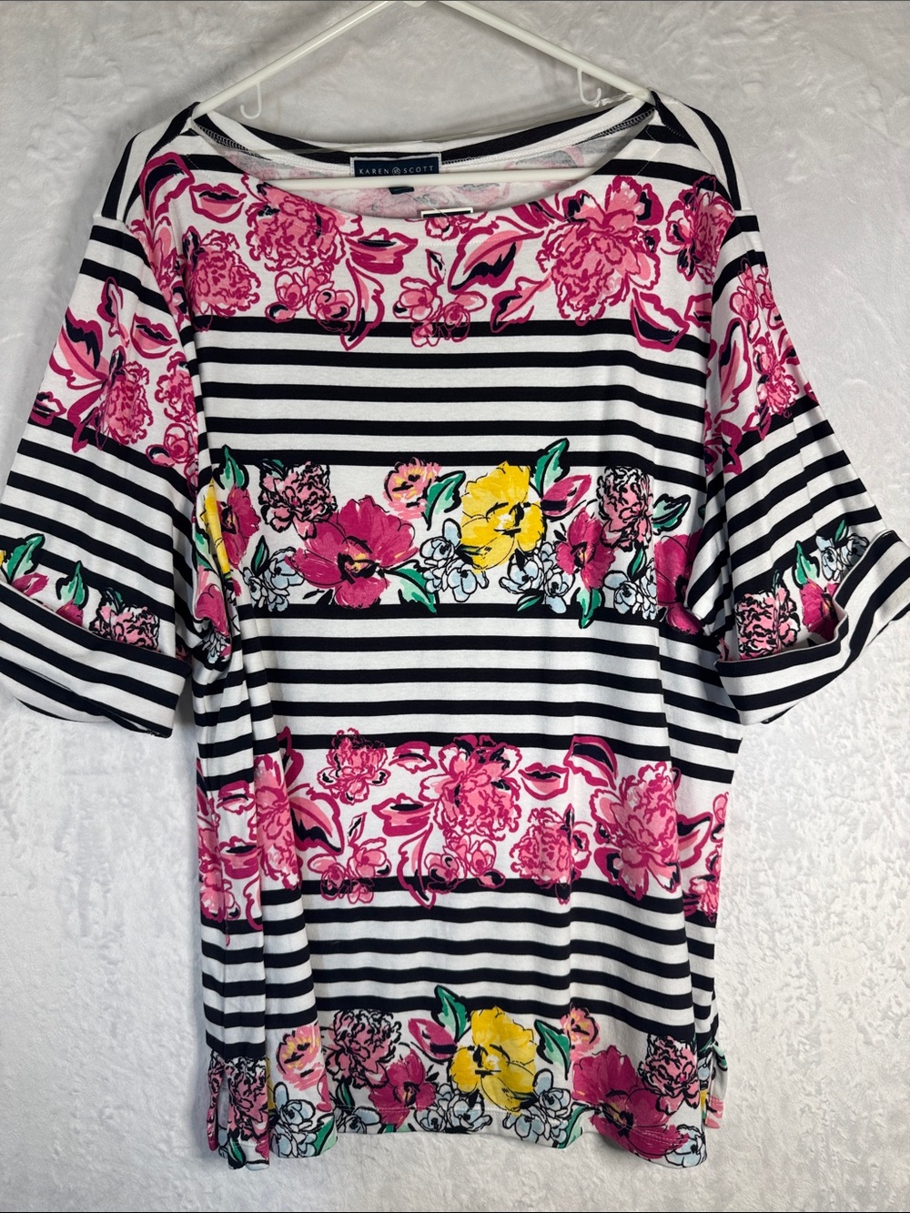 Karen Scott Pink Floral & Black Striped Women’s Top 3x